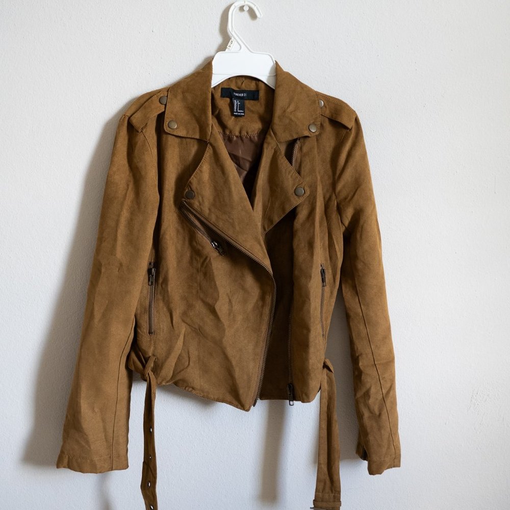 Forever 21 Cropped Camel-Color Moto Jacket - Size S - Soft Polyester